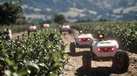 A fleet of self-driving agricultural machines working on a vast farm.の素材