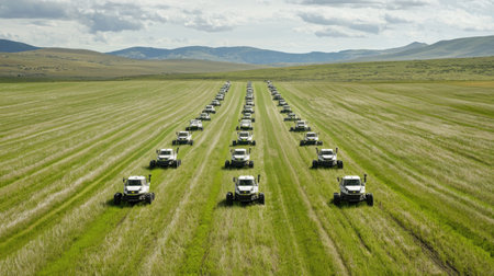 A fleet of self-driving agricultural machines working on a vast farm.の素材