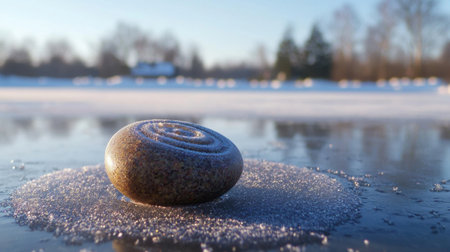 A curling stone gliding across the icy surface, creating a perfect trail.の素材