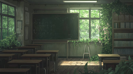 A forgotten classroom with dusty desks, a faded chalkboard, and a feeling of time standing still.の素材