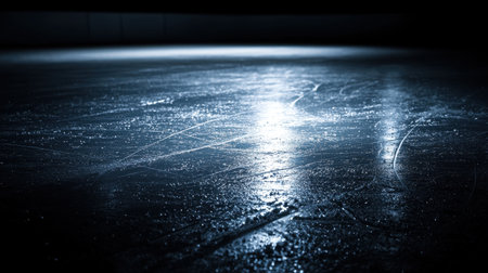 A figure skating rink with fresh marks carved into the ice, evoking graceful motion.の素材
