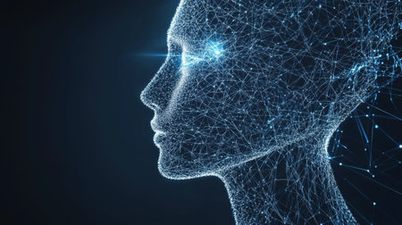 A digital human face made of pixels and data streams, symbolizing AI evolution.の素材