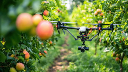 A drone with thermal imaging scanning an orchard for plant diseases.の素材