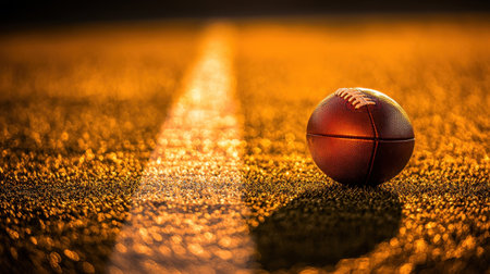 A football resting on the 50-yard line, ready for kickoff under golden evening light.の素材