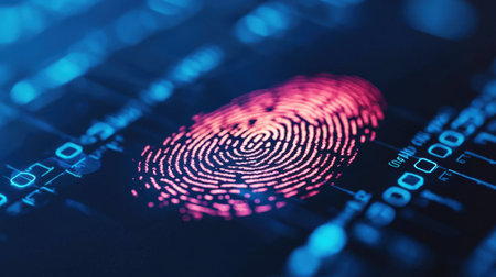A fingerprint scanner illuminating a high-tech security interface.の素材