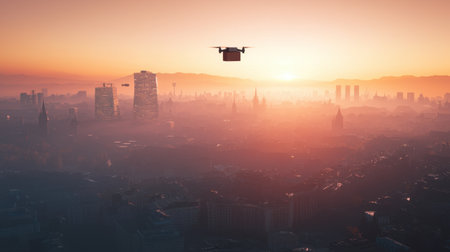 A drone delivering a package over a modern city skyline.の素材