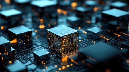 A decentralized finance network visualized with interconnected glowing cubes.の素材