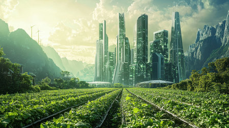 A futuristic farm utilizing carbon capture technology for sustainable agriculture.の素材