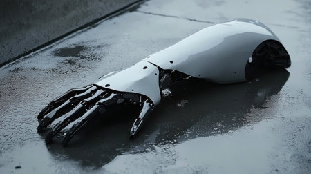 A futuristic prosthetic arm with integrated AI movement controls.の素材