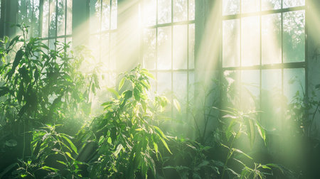 A greenhouse-style room with floor-to-ceiling glass, lush greenery, and warm sunlight pouring inの素材