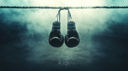 A pair of boxing gloves hanging from the ropes of an empty ring, signifying intense battles.の素材