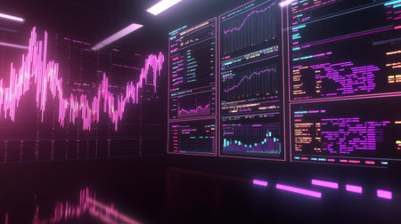A futuristic cryptocurrency trading platform with neon-lit graphs and charts.の素材