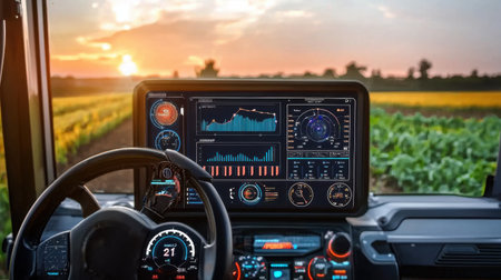 A futuristic farm dashboard displaying soil moisture, temperature, and crop analytics.の素材