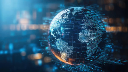 A holographic globe with data streams flowing around it, symbolizing global connectivity.の素材