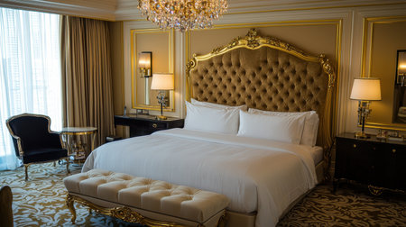 A grand, luxurious hotel suite with a king-size bed, gold-accented furniture, and an elegant chandelier. 27ac4cf382b2の素材