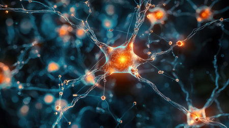 A glowing AI neural network, visualized as interconnected nodes and circuits.の素材