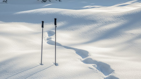 A pair of ski poles planted in fresh snow, with ski tracks leading down a mountain.の素材
