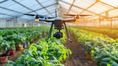 A futuristic farm using AI to predict climate impact on crop growth.の素材