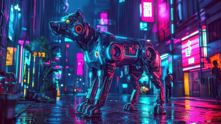 A robotic dog standing on a neon-lit city street, scanning its surroundings.の素材