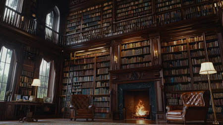 A magnificent library room with towering bookshelves, leather armchairs, and a fireplace crackling softly.の素材
