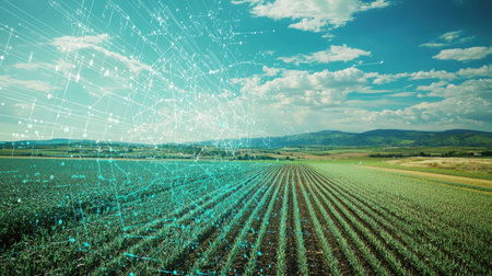 A futuristic farm using AI to predict climate impact on crop growth.の素材
