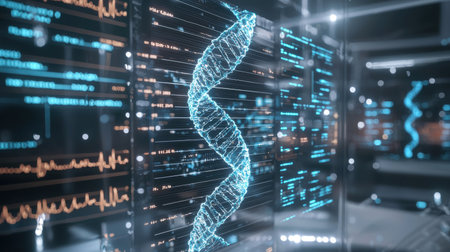 A holographic display of human DNA with glowing medical data.の素材