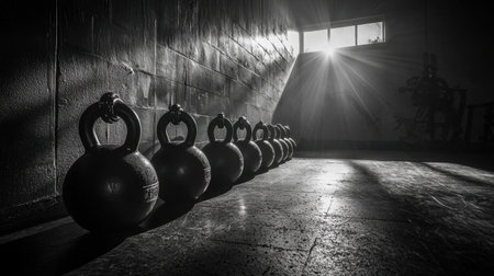 A row of kettlebells in a dimly lit gym, casting strong shadows.の素材
