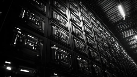 A massive data center with endless rows of illuminated servers.の素材