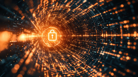 A lock icon surrounded by binary code, representing data encryption. 577e08df9decの素材