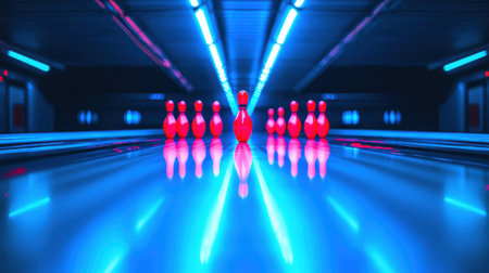 A row of bowling pins set up at the end of a glossy lane, ready for the perfect strike.の素材