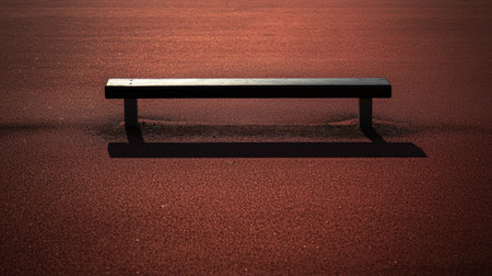 A hurdle placed in the middle of a red running track, waiting for a perfect leap.の素材