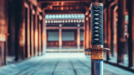 A samurai sword resting on a wooden stand in a traditional dojo.の素材