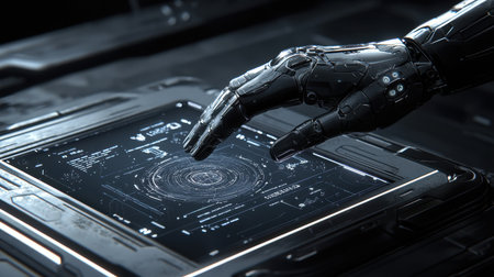 A robotic hand reaching out to touch a floating digital interface.の素材