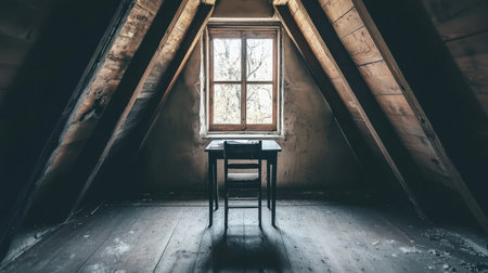 A nostalgic attic room with wooden beams, a small writing desk, and a dusty window revealing a scenic view.の素材