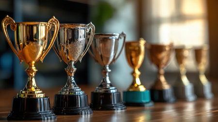 A row of sports trophies shining under soft lighting, representing years of achievement.の素材