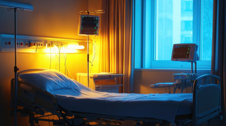 A hospital patient room with a neatly made bed, medical equipment, and soft, sterile lighting.の素材