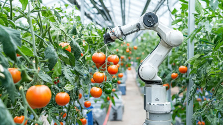 A robotic arm harvesting ripe tomatoes in a technologically advanced greenhouse.の素材