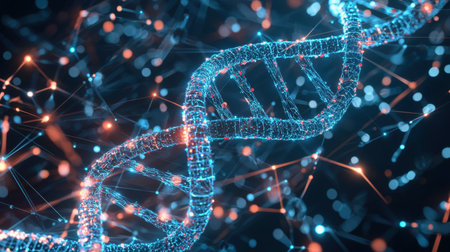 A holographic display of human DNA with glowing medical data.の素材