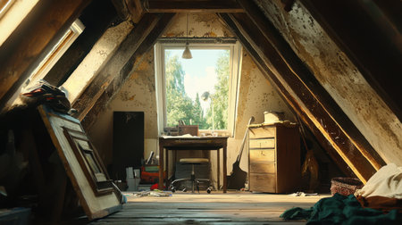A nostalgic attic room with wooden beams, a small writing desk, and a dusty window revealing a scenic view.の素材