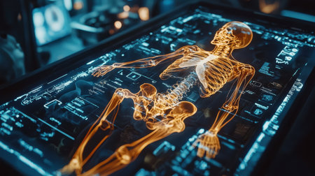 A futuristic medical scanner displaying a full-body digital health scanの素材