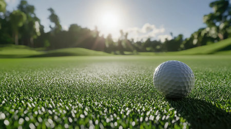 A golf ball sitting on a pristine green, positioned for a perfect putt.の素材