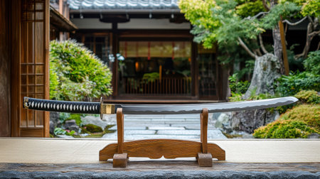A samurai sword resting on a wooden stand in a traditional dojo.の素材
