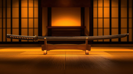 A samurai sword resting on a wooden stand in a traditional dojo.の素材