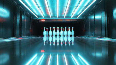 A row of bowling pins set up at the end of a glossy lane, ready for the perfect strike.の素材