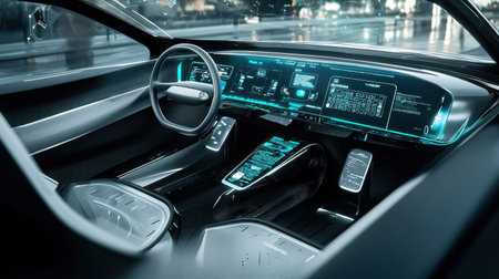 A self-driving car interior with a futuristic digital dashboard.の素材