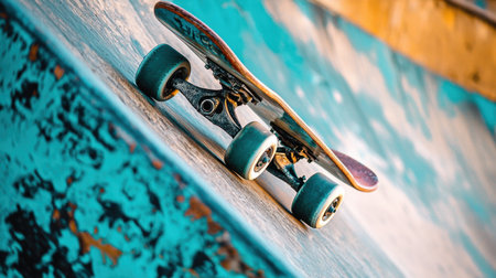A skateboard resting at the edge of a halfpipe, poised for an adrenaline-fueled ride.の素材