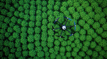 A vast farmland monitored by AI-driven drones scanning crop health from above.の素材