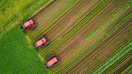 An aerial view of precision agriculture, showing GPS-guided tractors planting crops.の素材