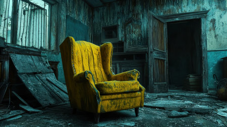 A single chair in an otherwise empty, dark room, evoking a sense of solitude.の素材