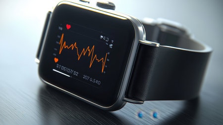 A smartwatch displaying biometric data, steps, and heart rate analytics.の素材